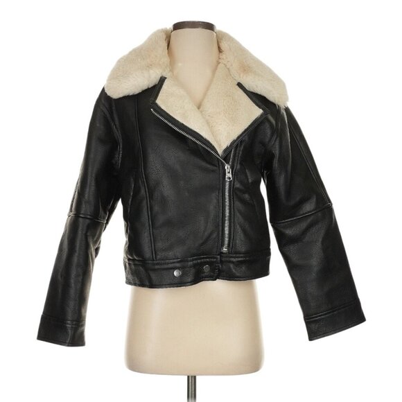 Abercrombie & Fitch Black Vegan Leather Jacket With White Faux Shearling Collar - Picture 3 of 13
